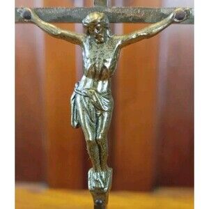 MCM Antique Crucifix Marked 1962 Brass/Bronze Unique Curved Base